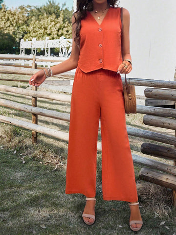 Ladies Solid Color Single-Breasted Vest And Pants Two Piece Set