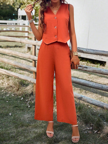 Ladies Solid Color Single-Breasted Vest And Pants Two Piece Set