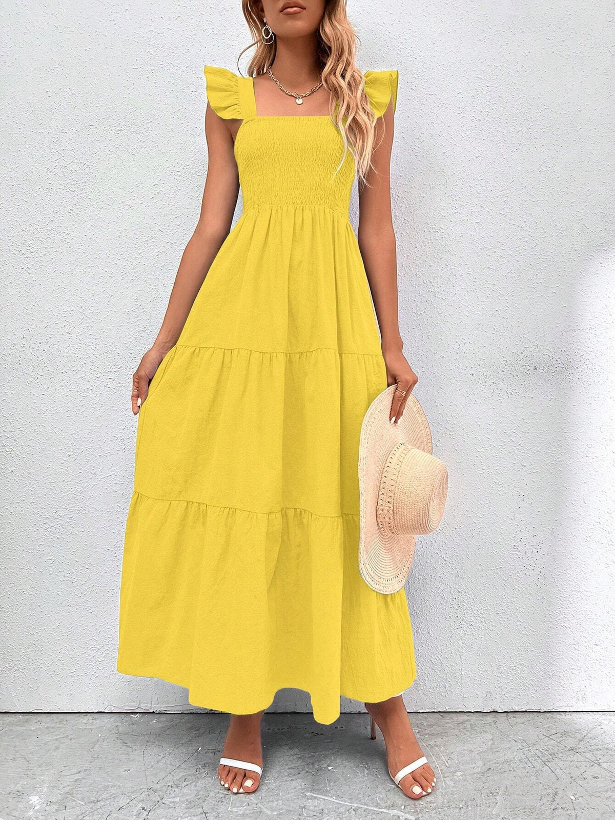 Ladies" Solid Color Square Neckline Flared Cap Sleeve Holiday Matching Dress