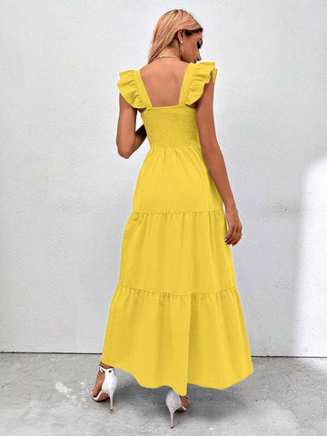 Ladies" Solid Color Square Neckline Flared Cap Sleeve Holiday Matching Dress
