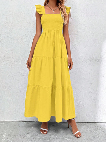 Ladies" Solid Color Square Neckline Flared Cap Sleeve Holiday Matching Dress