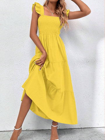 Ladies" Solid Color Square Neckline Flared Cap Sleeve Holiday Matching Dress