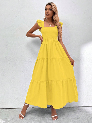 Ladies" Solid Color Square Neckline Flared Cap Sleeve Holiday Matching Dress