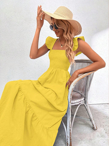 Ladies" Solid Color Square Neckline Flared Cap Sleeve Holiday Matching Dress