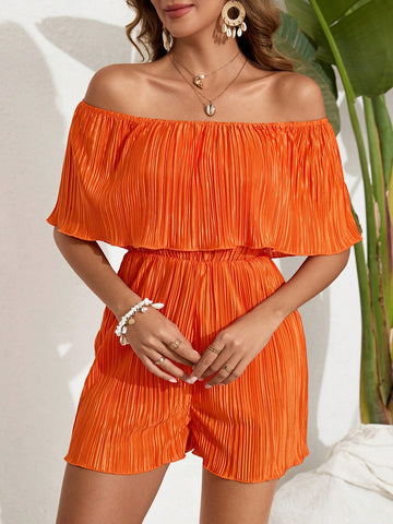 Ladies' Solid Color Texture Off Shoulder Romper