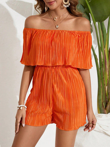 Ladies' Solid Color Texture Off Shoulder Romper
