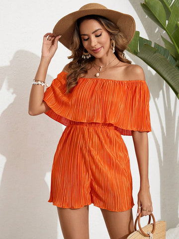 Ladies' Solid Color Texture Off Shoulder Romper