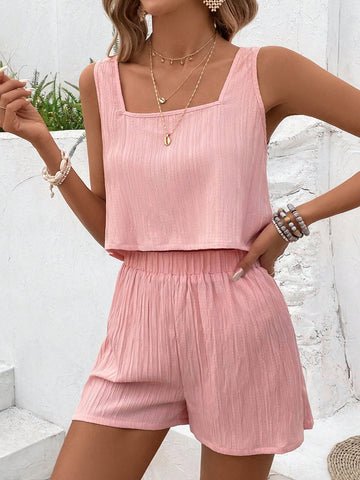 Ladies' Square Neck Short Sleeve Vest And Shorts Set