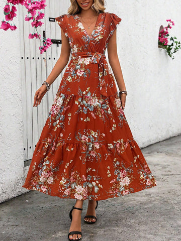 Ladies' Summer Holiday Floral Printed V-Neck Cap Sleeve Dress, Random Print