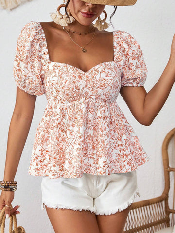 VCAY Ladies Sweetheart Collar Print Chiffon Vacation Regular Fit Short Sleeve Blouse