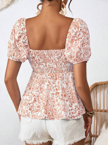 VCAY Ladies Sweetheart Collar Print Chiffon Vacation Regular Fit Short Sleeve Blouse