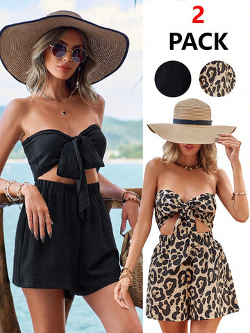 Ladies' Tube Sleeveless Top And Elastic Waist Shorts Set, For Spring And Summer