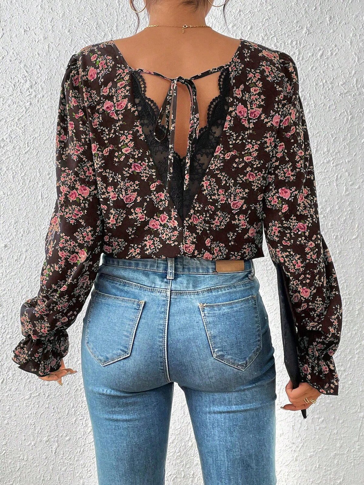 VCAY Ladies Vacation Floral Print Back Tie Long Sleeve Elegant Blouse