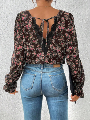 VCAY Ladies Vacation Floral Print Back Tie Long Sleeve Elegant Blouse
