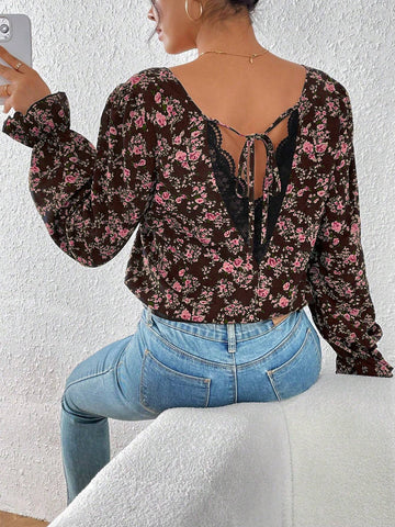 VCAY Ladies Vacation Floral Print Back Tie Long Sleeve Elegant Blouse