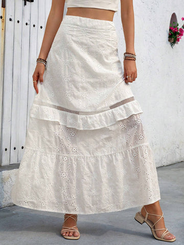 VCAY Ladies' Vacation Solid Color Burnout Embroidery Patchwork Ruffle Hem Skirt