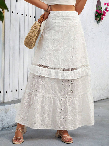 VCAY Ladies' Vacation Solid Color Burnout Embroidery Patchwork Ruffle Hem Skirt