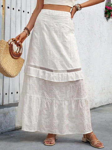 VCAY Ladies' Vacation Solid Color Burnout Embroidery Patchwork Ruffle Hem Skirt