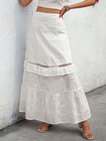 VCAY Ladies' Vacation Solid Color Burnout Embroidery Patchwork Ruffle Hem Skirt