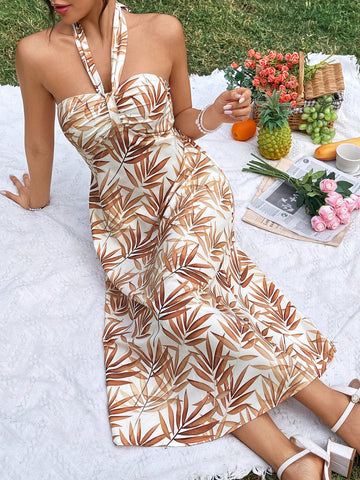Leaf Print Halter Neck Dress