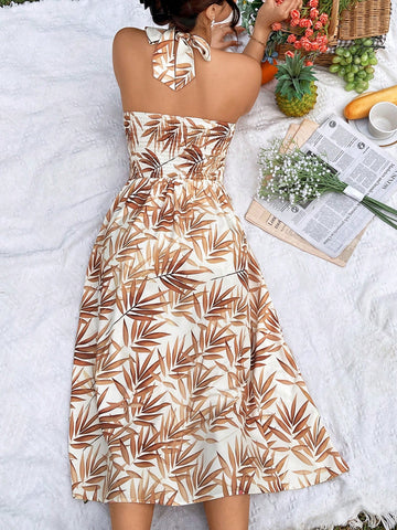 Leaf Print Halter Neck Dress