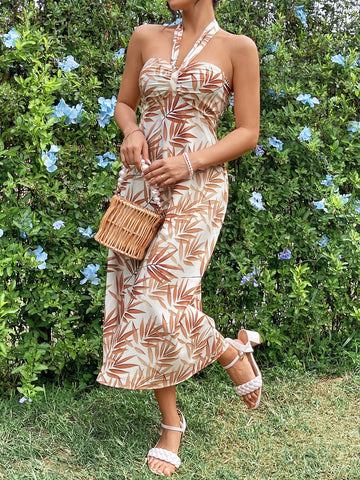 Leaf Print Halter Neck Dress