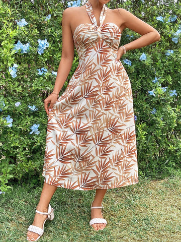 Leaf Print Halter Neck Dress