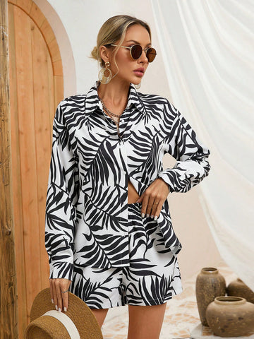 Leaf Printed Women's Shirt And Shorts Set
