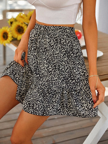 VCAY Leopard Print Ruffle Hem Skirt