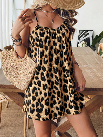 Leopard Print Spaghetti Strap Backless Wide-Leg Jumpsuit, Vacation