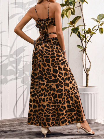 Leopard Print Spaghetti Strap Hollow Out Waist Slit Women Dress