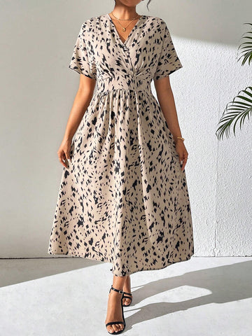 Long Sleeve A-Line Single Colored Printed Dress With Cinched Waist
