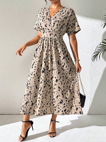 Long Sleeve A-Line Single Colored Printed Dress With Cinched Waist