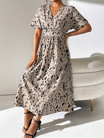 Long Sleeve A-Line Single Colored Printed Dress With Cinched Waist