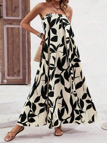 Loose-Fit Strapless Dress With All-Over Print