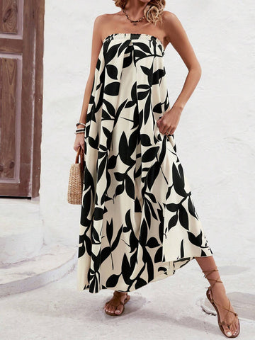 Loose-Fit Strapless Dress With All-Over Print