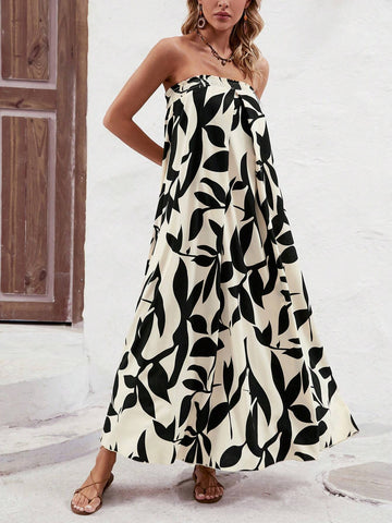 Loose-Fit Strapless Dress With All-Over Print