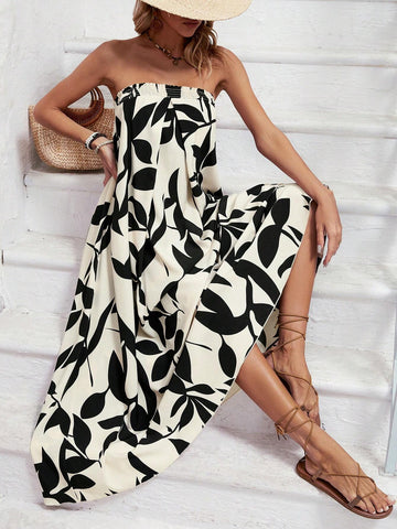 Loose-Fit Strapless Dress With All-Over Print