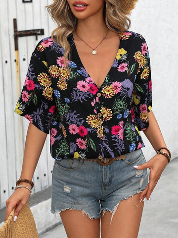 VCAY Loose-Fit V-Neck Printed Half Sleeve Unique Shirt