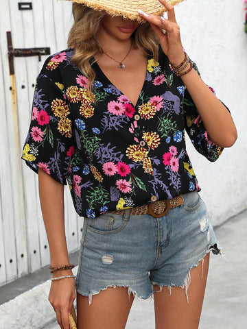 VCAY Loose-Fit V-Neck Printed Half Sleeve Unique Shirt