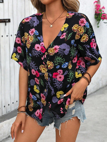 VCAY Loose-Fit V-Neck Printed Half Sleeve Unique Shirt