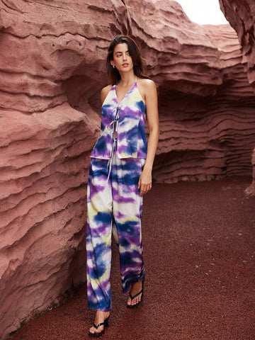 Loose Backless Sleeveless Top And Wide Leg Pants Set With Neck Tie, Random Tie-Dye Print