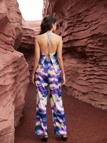 Loose Backless Sleeveless Top And Wide Leg Pants Set With Neck Tie, Random Tie-Dye Print