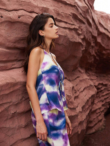 Loose Backless Sleeveless Top And Wide Leg Pants Set With Neck Tie, Random Tie-Dye Print
