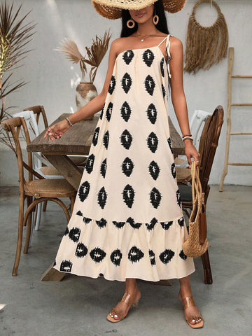 Loose Casual One Shoulder Printed Dress
