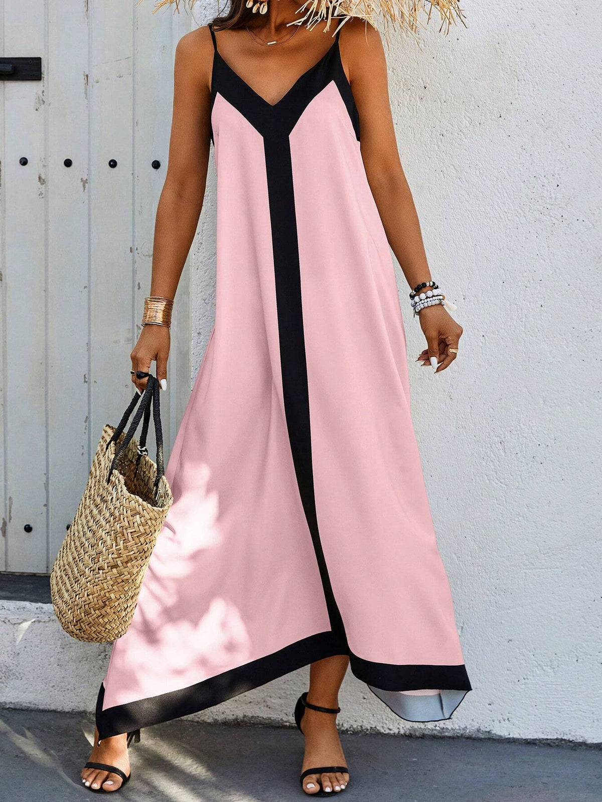 Loose Fit Color Block Casual Cami Dress