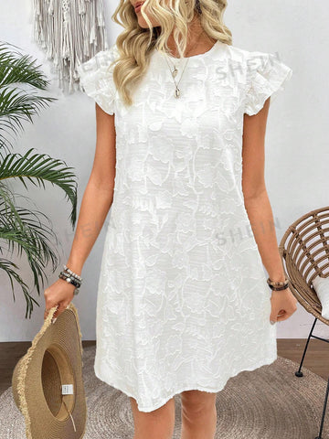 Loose Fit Floral Applique Round Neckline With Ruffle Hem Decorated Dress