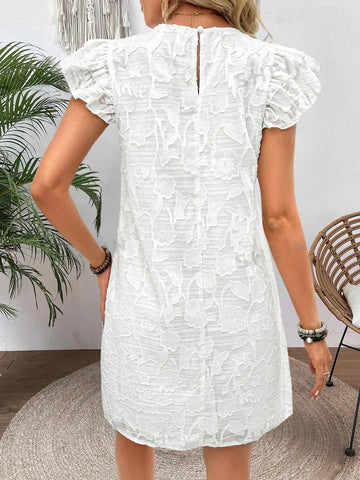 Loose Fit Floral Applique Round Neckline With Ruffle Hem Decorated Dress