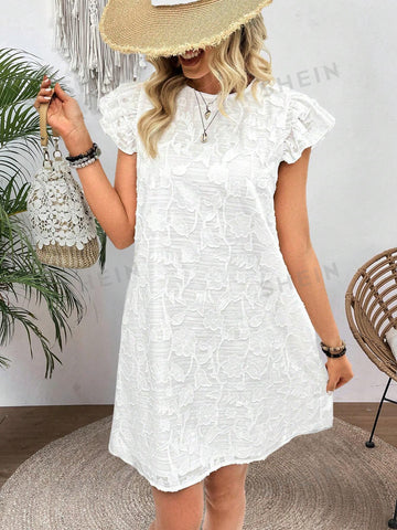 Loose Fit Floral Applique Round Neckline With Ruffle Hem Decorated Dress