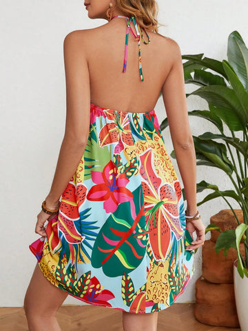 Loose Summer Vacation Tropical Leaves Print Halter Short Dress For Women